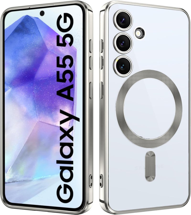 VONZEE Clear Logo Electroplating Transparent Case for Samsung A55 5G, Magnetic Plating [Support for MagSafe Charger] Electroplate TPU Cover, Individual Camera Protection for Each Lens - Grey - Image 1