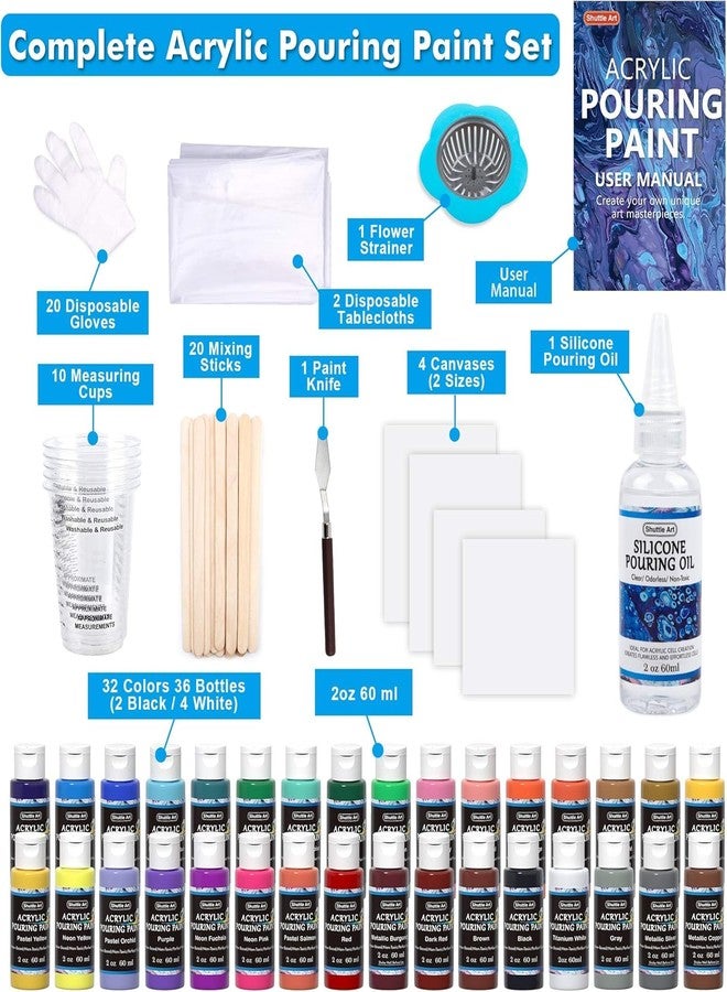 Shuttle Art Acrylic Pouring Paint, Set of 36 Bottles (2 oz/60ml) Pre-Mixed High-Flow Pouring Supplies with Canvas, Silicone Oil, Measuring Cups, Tablecloths, Complete Paint Pouring Kit - Image 4
