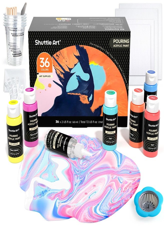 Shuttle Art Acrylic Pouring Paint, Set of 36 Bottles (2 oz/60ml) Pre-Mixed High-Flow Pouring Supplies with Canvas, Silicone Oil, Measuring Cups, Tablecloths, Complete Paint Pouring Kit - Image 1
