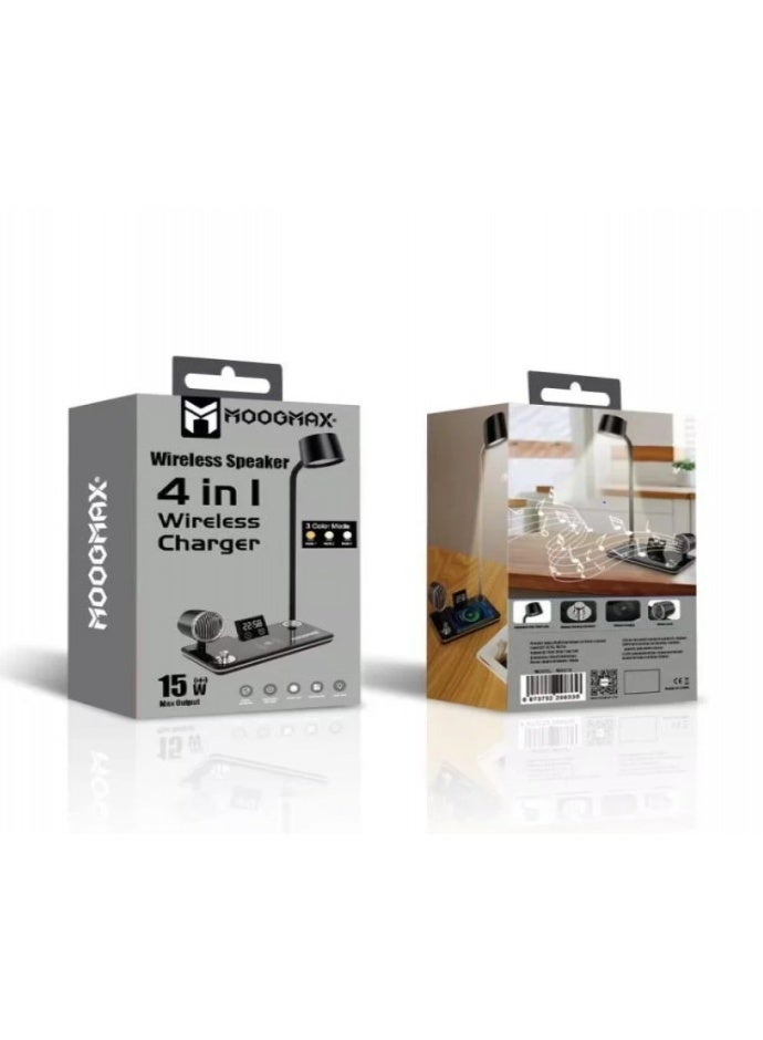 موجماكس شاحن لاسلكي 4 في 1 مع سماعة بلوتوث وإضاءة مكتبية من MOOGMAX، شحن سريع بقوة 15 واط، تصميم أنيق متعدد الاستخدامات - Image 1
