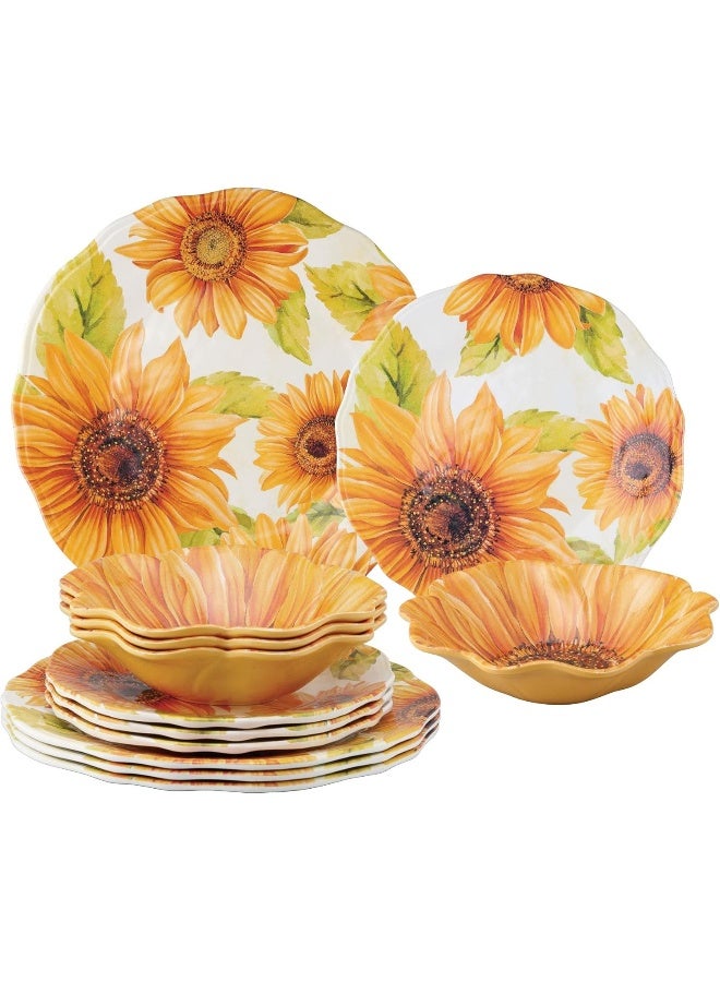 UPware 12 Piece Sunflower Melamine Dinnerware Sets Outdoor Dishes Set Plates and Bowls Sets Service for 4 Yellow - Image 1
