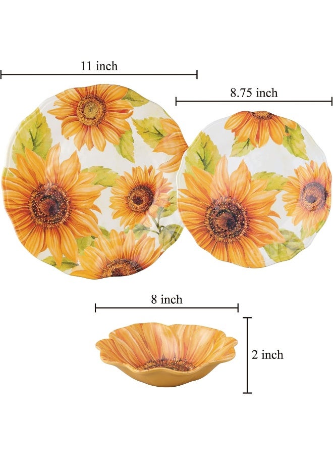 UPware 12 Piece Sunflower Melamine Dinnerware Sets Outdoor Dishes Set Plates and Bowls Sets Service for 4 Yellow - Image 3