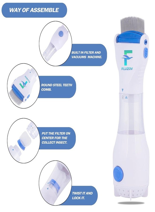 FLUZOV Electric Head Lice Removal Comb - Chemical-Free Nit & Egg Remover Machine - Vacuum Suction Lice Extractor for Kids & Adults - Includes 2 Disposable Capture Filters, White/Blue - Image 2