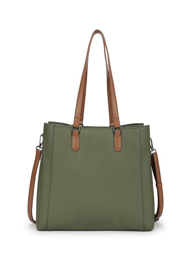 fastrack Metro Carry Laptop Tote | Faux-Leather Women's Handbag | Olive with Tan Details | 14" Laptop Compatible | Dual Carry Options | Pebbled Texture - Image 5