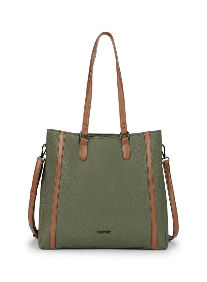 fastrack Metro Carry Laptop Tote | Faux-Leather Women's Handbag | Olive with Tan Details | 14" Laptop Compatible | Dual Carry Options | Pebbled Texture - Image 1