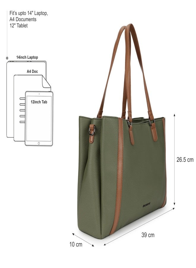 fastrack Metro Carry Laptop Tote | Faux-Leather Women's Handbag | Olive with Tan Details | 14" Laptop Compatible | Dual Carry Options | Pebbled Texture - Image 4