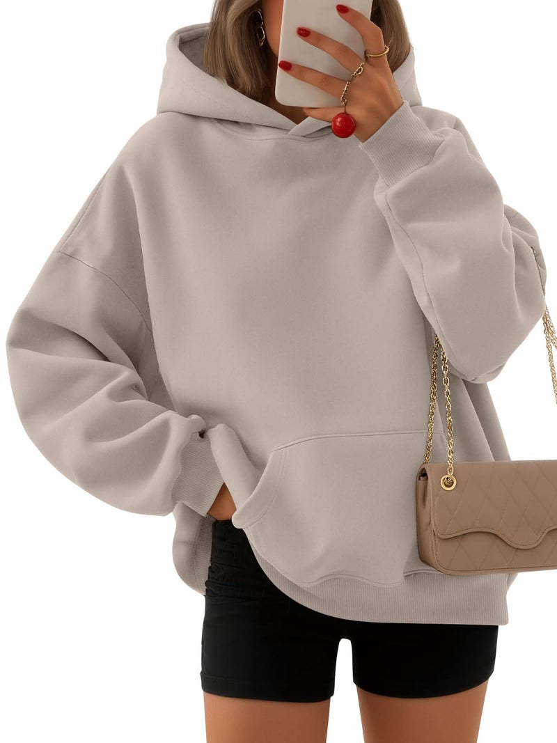 EFAN Women's Oversized Fleece Hoodie, Cozy Plush Pullover Sweatshirt with Pocket CoffeeGrey M - Image 1