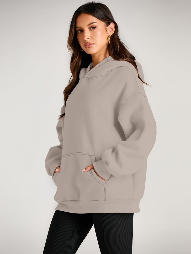 EFAN Women's Oversized Fleece Hoodie, Cozy Plush Pullover Sweatshirt with Pocket CoffeeGrey M - Image 3