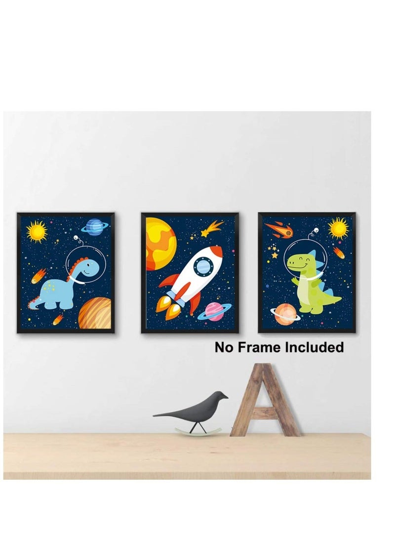 كابتن تيك Dinosaur Outer Space Art Print, Space Wall Posters, Planet Rocket UFO Painting for Nursery Kids Bedroom Classroom Decor Baby Kids Room Decorations,Set of 4 (8X10inch,Unframed) - Image 1