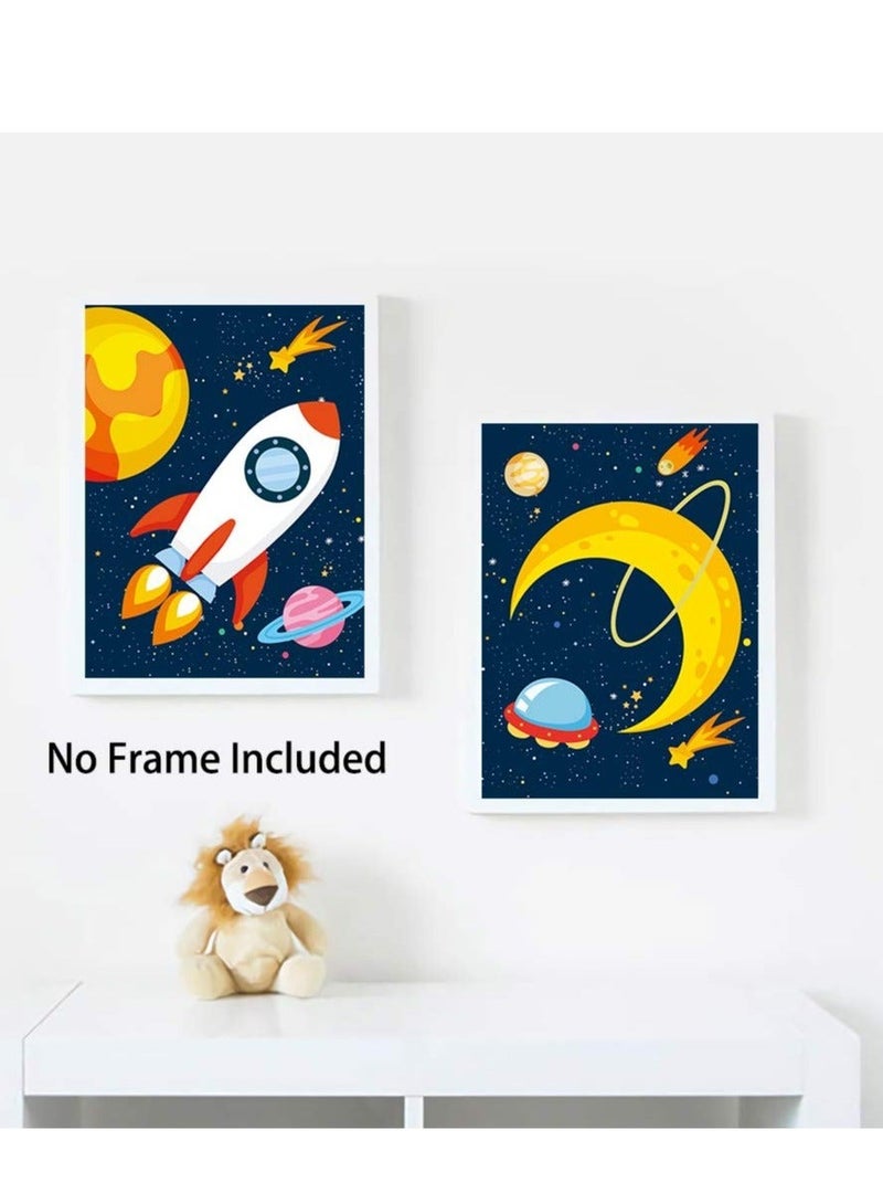كابتن تيك Dinosaur Outer Space Art Print, Space Wall Posters, Planet Rocket UFO Painting for Nursery Kids Bedroom Classroom Decor Baby Kids Room Decorations,Set of 4 (8X10inch,Unframed) - Image 2