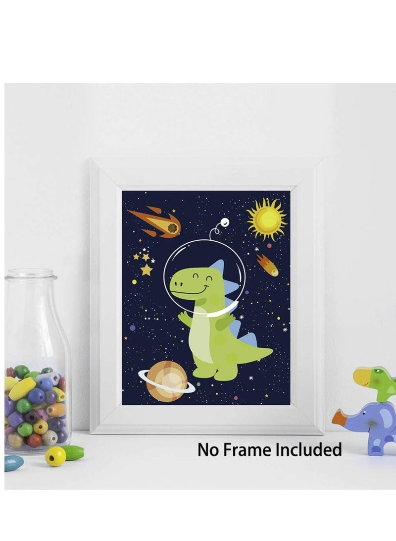 كابتن تيك Dinosaur Outer Space Art Print, Space Wall Posters, Planet Rocket UFO Painting for Nursery Kids Bedroom Classroom Decor Baby Kids Room Decorations,Set of 4 (8X10inch,Unframed) - Image 3