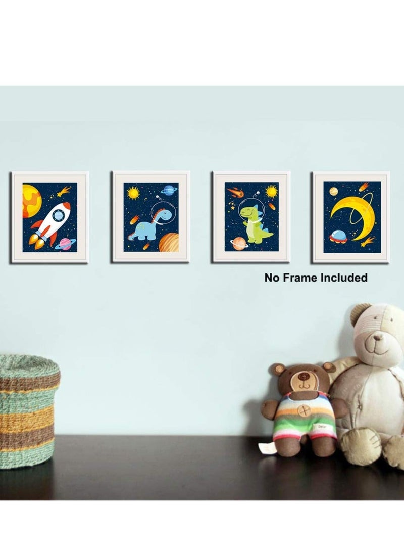 كابتن تيك Dinosaur Outer Space Art Print, Space Wall Posters, Planet Rocket UFO Painting for Nursery Kids Bedroom Classroom Decor Baby Kids Room Decorations,Set of 4 (8X10inch,Unframed) - Image 4
