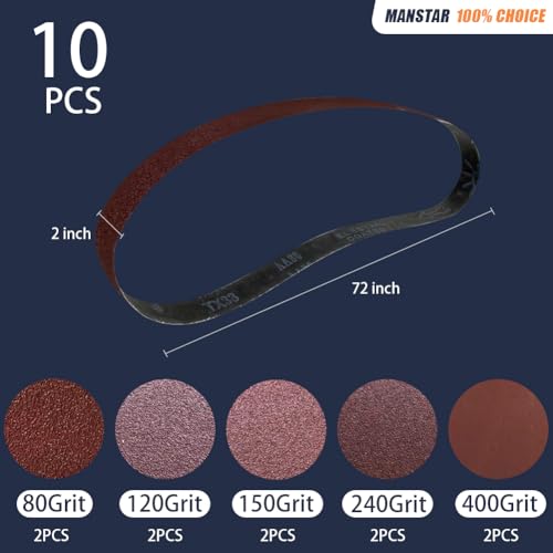 abrasticle 10 Pcs 2 x 72 Inch Assorted Aluminum Oxide Sanding Belt,80/120/150/240/400 Grit - Image 2