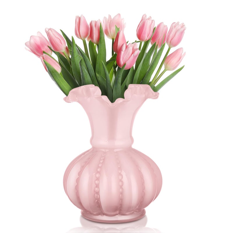 Joeyan Handmade Pink Glass Flower Vase,7.9" Vintage Decorative Urn Vase for Centrepieces Bouquet Wedding,Colored Thickened Pedestal Decorations for Rustic Home Living Room Office Farmhouse - Image 1