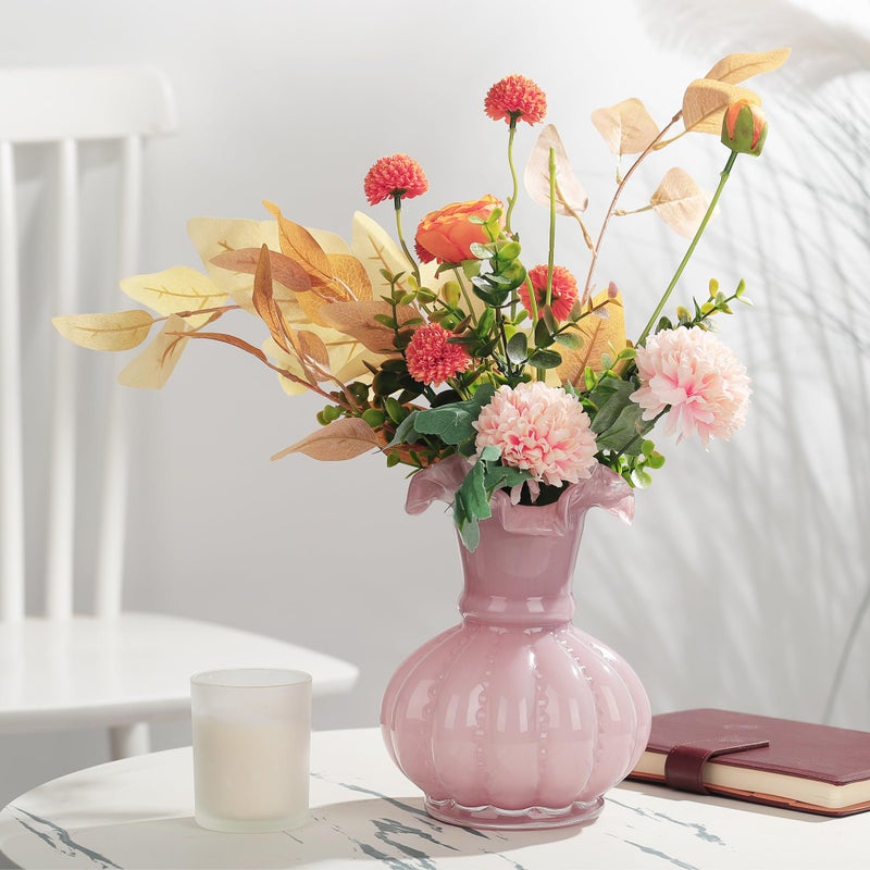 Joeyan Handmade Pink Glass Flower Vase,7.9" Vintage Decorative Urn Vase for Centrepieces Bouquet Wedding,Colored Thickened Pedestal Decorations for Rustic Home Living Room Office Farmhouse - Image 5