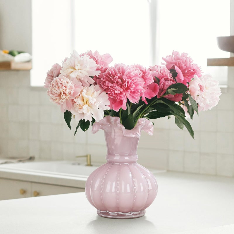 Joeyan Handmade Pink Glass Flower Vase,7.9" Vintage Decorative Urn Vase for Centrepieces Bouquet Wedding,Colored Thickened Pedestal Decorations for Rustic Home Living Room Office Farmhouse - Image 4