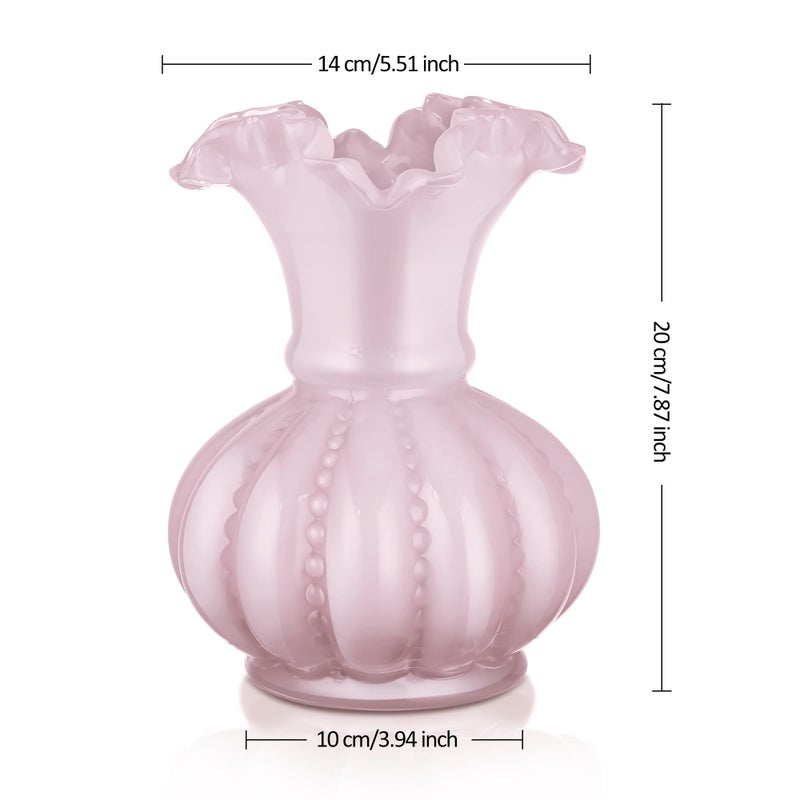 Joeyan Handmade Pink Glass Flower Vase,7.9" Vintage Decorative Urn Vase for Centrepieces Bouquet Wedding,Colored Thickened Pedestal Decorations for Rustic Home Living Room Office Farmhouse - Image 3