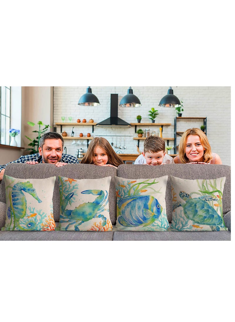 Excefore Coastal Throw Pillow Covers, Set of 4, 18x18 Inch Ocean Beach Pillows Cover with Sea Turtle, Seahorse, Fish, Crab Designs, Summer Theme Decor for Patio, Couch, Sofa  - Image 3