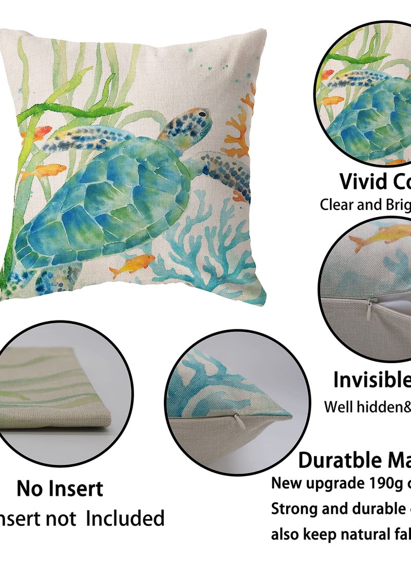 Excefore Coastal Throw Pillow Covers, Set of 4, 18x18 Inch Ocean Beach Pillows Cover with Sea Turtle, Seahorse, Fish, Crab Designs, Summer Theme Decor for Patio, Couch, Sofa  - Image 5