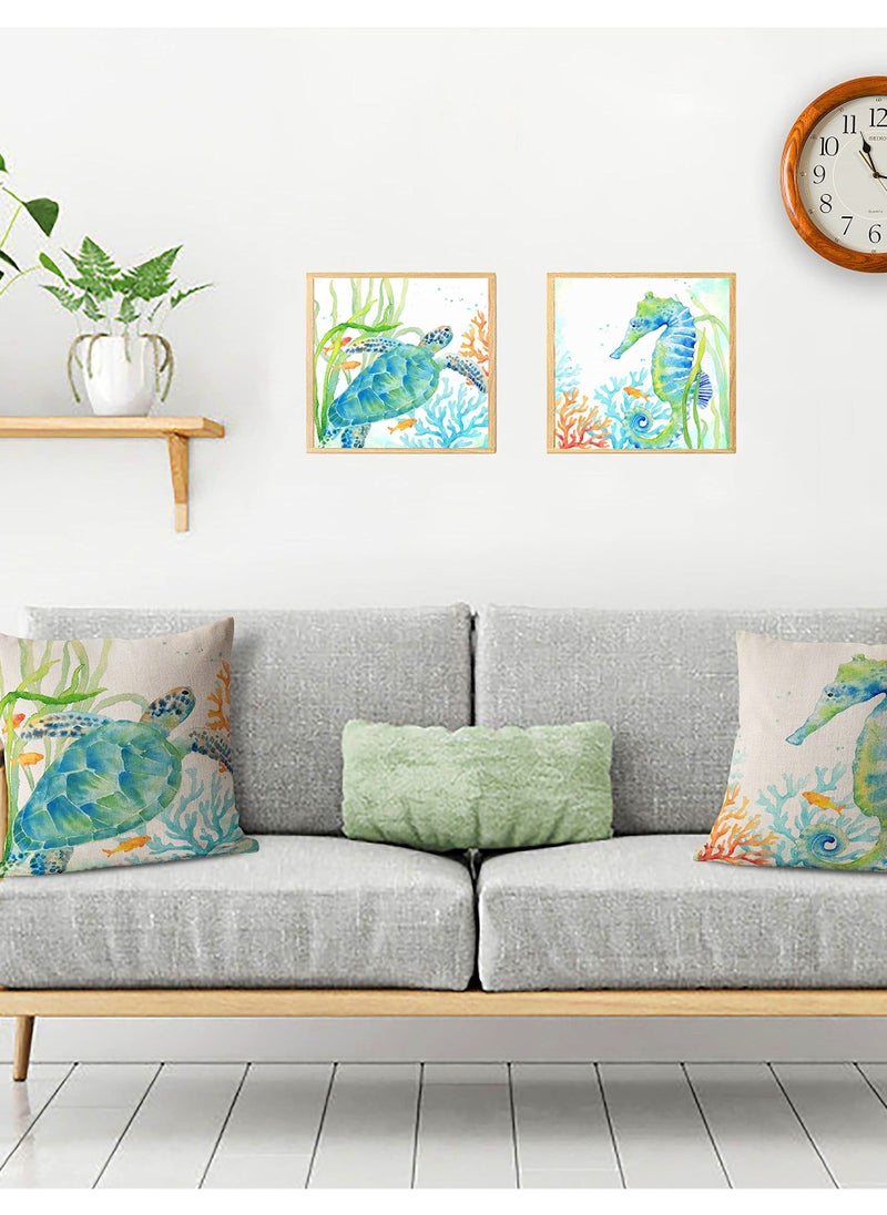 Excefore Coastal Throw Pillow Covers, Set of 4, 18x18 Inch Ocean Beach Pillows Cover with Sea Turtle, Seahorse, Fish, Crab Designs, Summer Theme Decor for Patio, Couch, Sofa  - Image 2