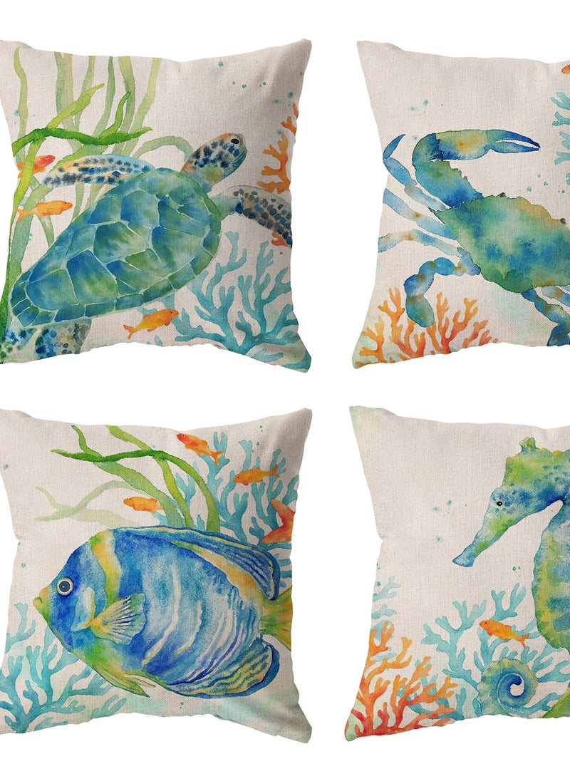 Excefore Coastal Throw Pillow Covers, Set of 4, 18x18 Inch Ocean Beach Pillows Cover with Sea Turtle, Seahorse, Fish, Crab Designs, Summer Theme Decor for Patio, Couch, Sofa  - Image 4