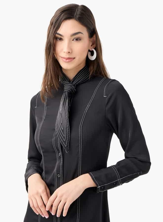 ايكونيك فستان قميص بياقة عادية وأكمام طويلة وتفاصيل غرز من آيكونيك - Image 4