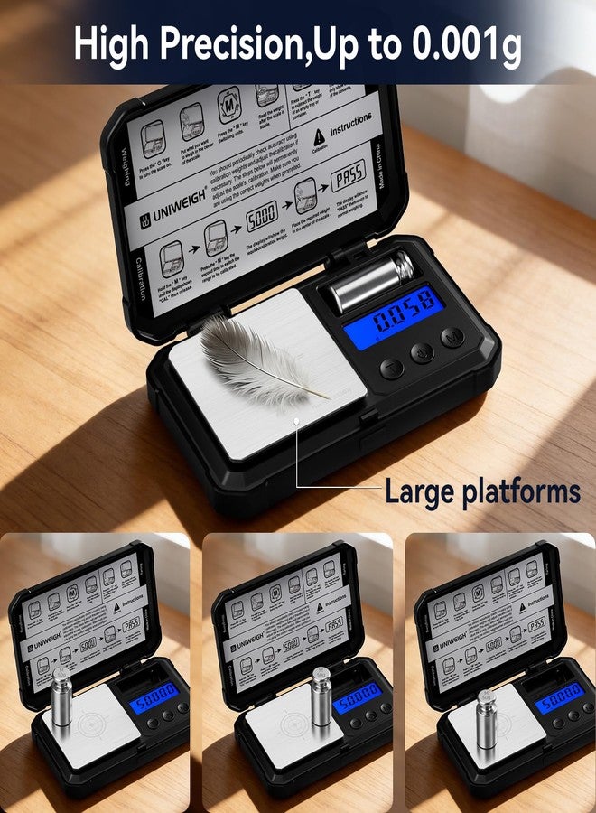 يونيواي ميزان UNIWEIGH بالمليغرام، دقة عالية 50 غ/0.001 غ، ميزان رقمي بالمليغرام مع شاشة LCD/وظيفة التصفير، 6 وحدات، ميزان مجوهرات، ميزان ميكروغرام للبودرة، العملات المعدنية، الذهب، ميزان إعادة تعبئة الذخيرة، يتضمن وزن العيار، بطاريات. - Image 4