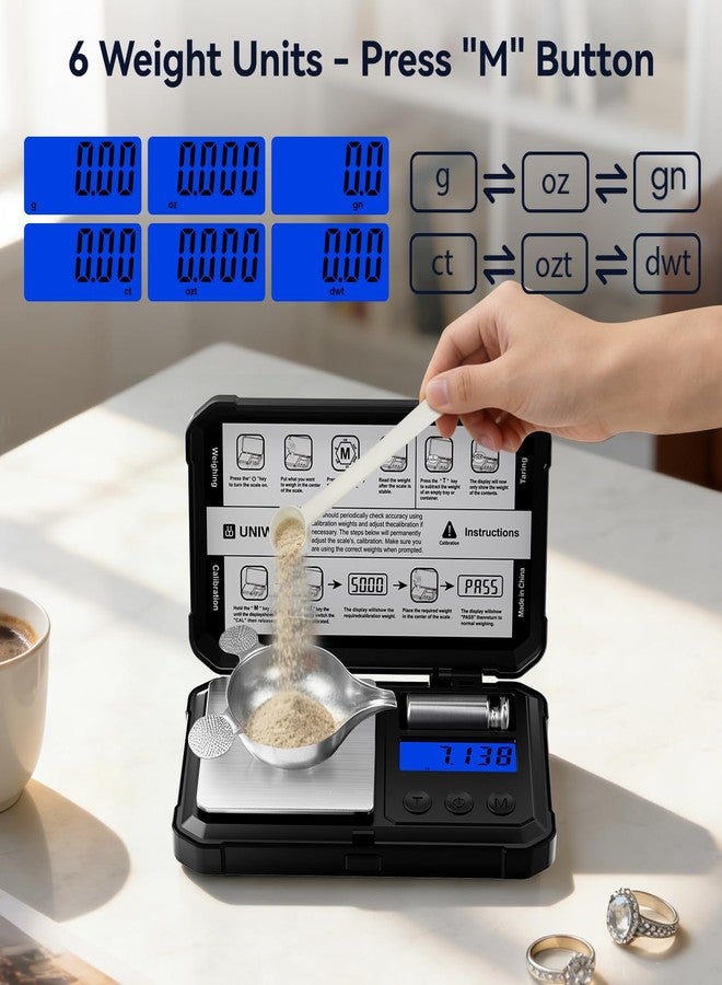 يونيواي ميزان UNIWEIGH بالمليغرام، دقة عالية 50 غ/0.001 غ، ميزان رقمي بالمليغرام مع شاشة LCD/وظيفة التصفير، 6 وحدات، ميزان مجوهرات، ميزان ميكروغرام للبودرة، العملات المعدنية، الذهب، ميزان إعادة تعبئة الذخيرة، يتضمن وزن العيار، بطاريات. - Image 2