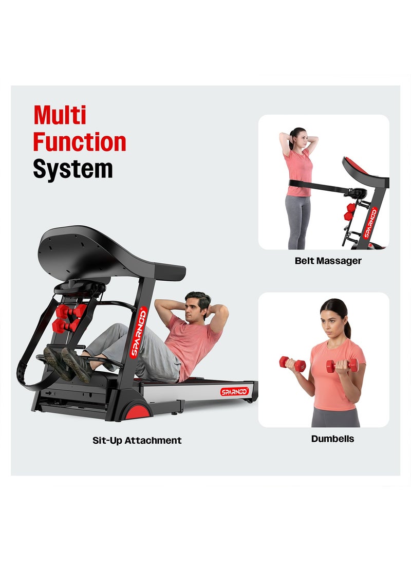 Sparnod Fitness STH-4400 Motorised Multifunction Foldable Treadmill for Home Use, 5HP Peak Motor, 1–14 km/h Speed, 15% Auto Incline, 12 Preset Programs, LED Display, USB/Bluetooth, 120 kg Capacity - Image 3