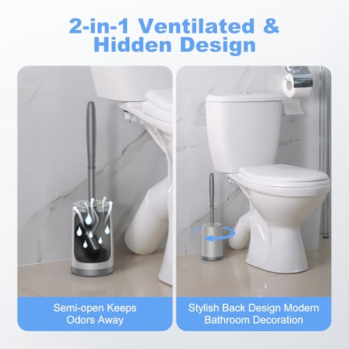 HAMITOR Toilet Bowl Brush Holder Set: Curved Design with Holder for Deep Cleaning Under Rim - Compact Hidden Scrubber for Small Space - Modern RV Bathroom Accessories - Gray - Image 4
