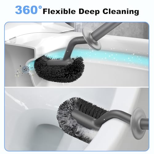 HAMITOR Toilet Bowl Brush Holder Set: Curved Design with Holder for Deep Cleaning Under Rim - Compact Hidden Scrubber for Small Space - Modern RV Bathroom Accessories - Gray - Image 3