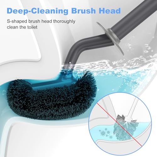 HAMITOR Toilet Bowl Brush Holder Set: Curved Design with Holder for Deep Cleaning Under Rim - Compact Hidden Scrubber for Small Space - Modern RV Bathroom Accessories - Gray - Image 2
