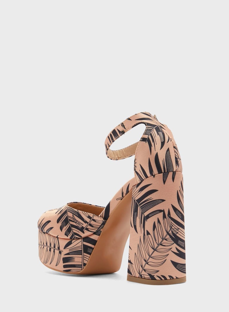 خزانة حذاء ساتان بطبعة نخيل بكعب منصة - Image 3