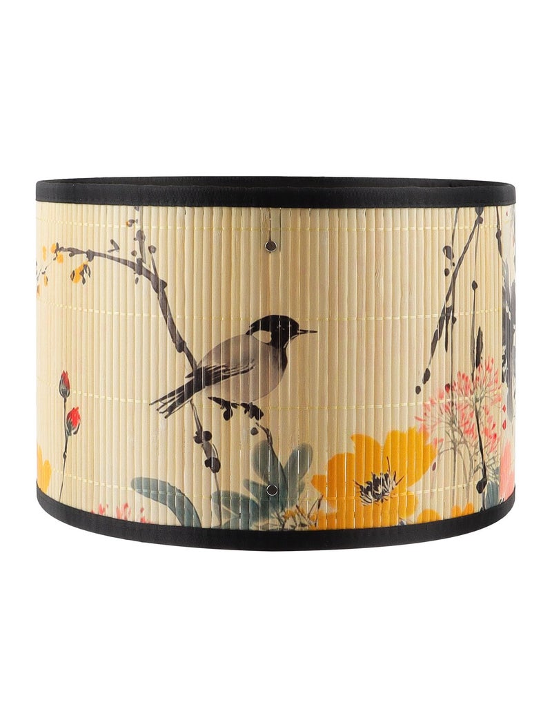 GES Natural Bamboo Drum Lamp Shade 11.8Ã—11.8Ã—7.9In Clip On Table Light Cover, Floral Print Lampshade for Bedroom Living Room, Chandelier Replacement Shade - Image 1