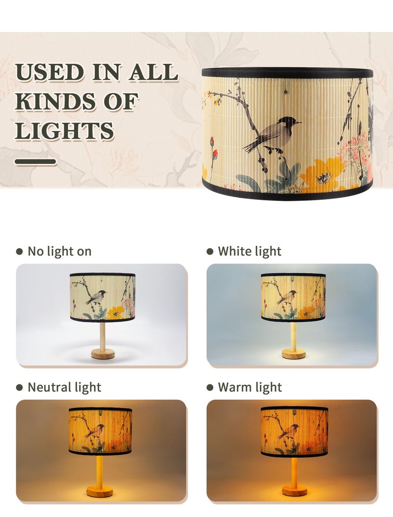 GES Natural Bamboo Drum Lamp Shade 11.8Ã—11.8Ã—7.9In Clip On Table Light Cover, Floral Print Lampshade for Bedroom Living Room, Chandelier Replacement Shade - Image 5