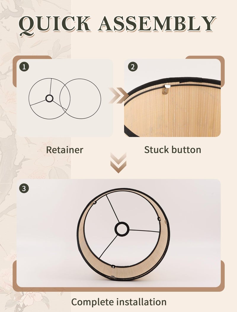 GES Natural Bamboo Drum Lamp Shade 11.8Ã—11.8Ã—7.9In Clip On Table Light Cover, Floral Print Lampshade for Bedroom Living Room, Chandelier Replacement Shade - Image 4