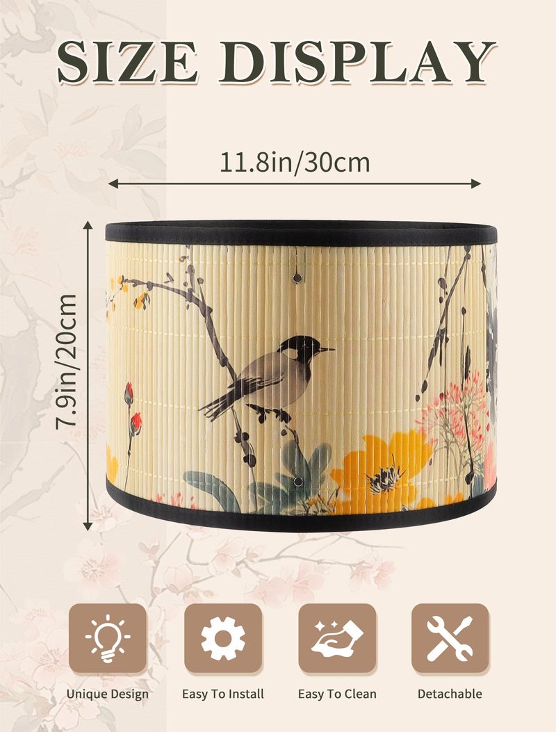 GES Natural Bamboo Drum Lamp Shade 11.8Ã—11.8Ã—7.9In Clip On Table Light Cover, Floral Print Lampshade for Bedroom Living Room, Chandelier Replacement Shade - Image 2