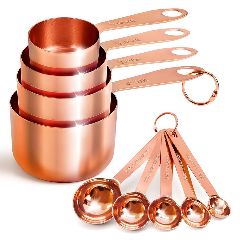 AGRUS Measuring Cups and Spoons Set of 9 Utensils for Dry and Liquid Ingredients Copper Kitchen Accessories Rose Copper Decor for Home Stackable Sturdy Stainless Steel