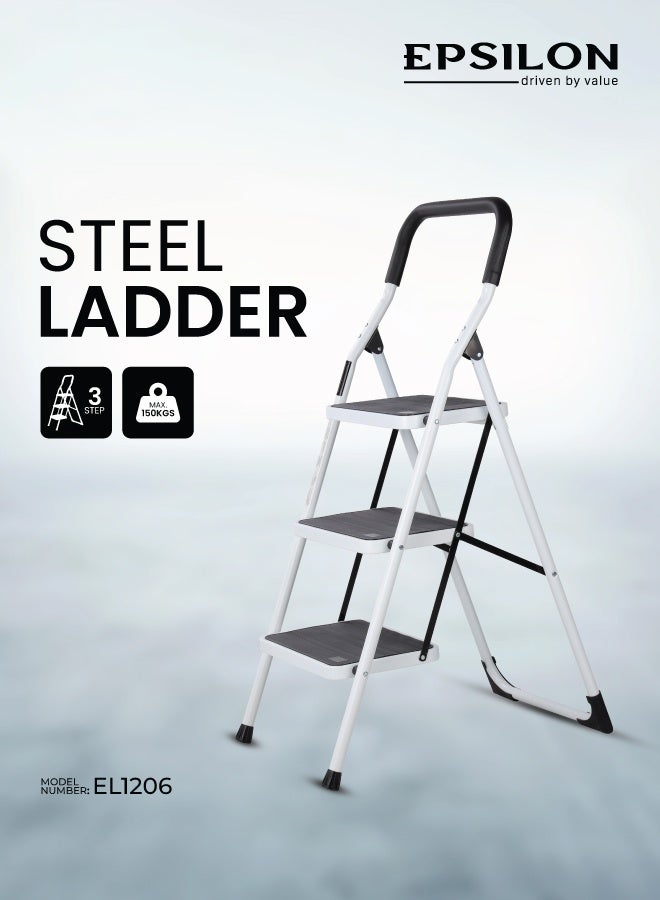 إبسلون سلم فولاذي قابل للطي بثلاث درجات، مزود بمنصات واسعة مضادة للانزلاق، يتحمل حتى 150 كجم، خفيف الوزن ومقاوم للتآكل، مناسب للاستخدام في المنزل والمطبخ والمكتب - Image 1