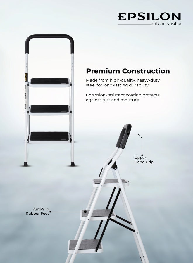 إبسلون سلم فولاذي قابل للطي بثلاث درجات، مزود بمنصات واسعة مضادة للانزلاق، يتحمل حتى 150 كجم، خفيف الوزن ومقاوم للتآكل، مناسب للاستخدام في المنزل والمطبخ والمكتب - Image 2