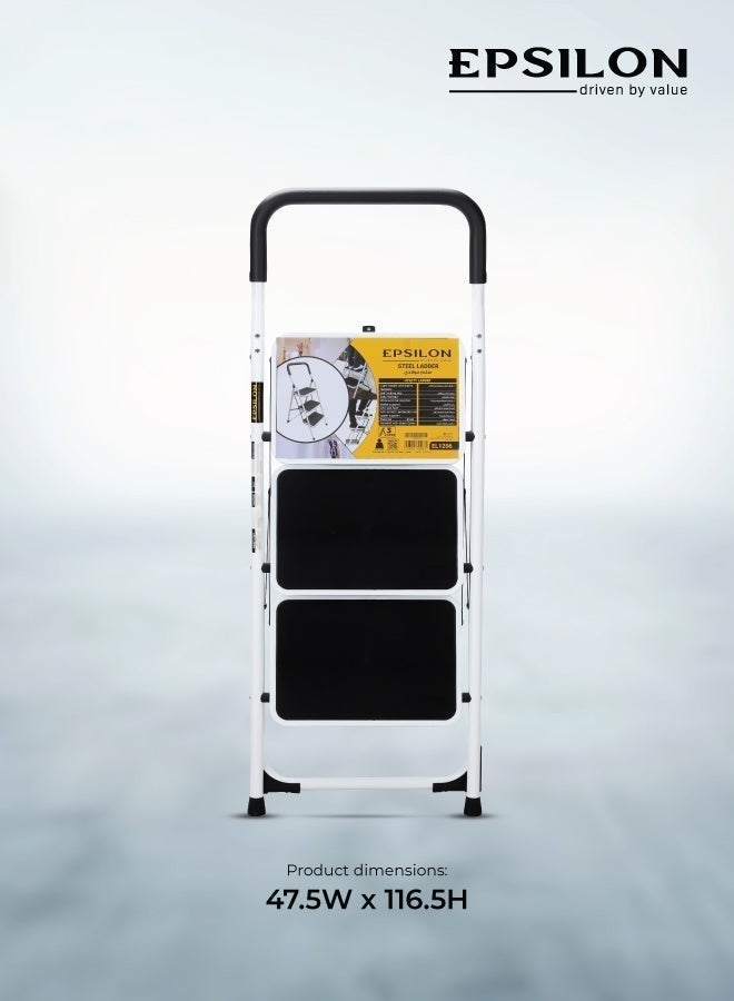 إبسلون سلم فولاذي قابل للطي بثلاث درجات، مزود بمنصات واسعة مضادة للانزلاق، يتحمل حتى 150 كجم، خفيف الوزن ومقاوم للتآكل، مناسب للاستخدام في المنزل والمطبخ والمكتب - Image 5