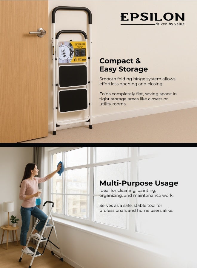 إبسلون سلم فولاذي قابل للطي بثلاث درجات، مزود بمنصات واسعة مضادة للانزلاق، يتحمل حتى 150 كجم، خفيف الوزن ومقاوم للتآكل، مناسب للاستخدام في المنزل والمطبخ والمكتب - Image 3