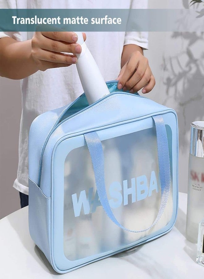 JRM PVC Clear Makeup Pouch Set of 3, Waterproof Cosmetic Organizer Bag for Women & Girls, Transparent Travel Toiletry Storage Kit with Handle (Blue) - Image 2