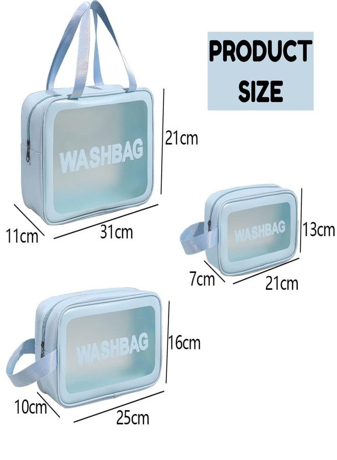 JRM PVC Clear Makeup Pouch Set of 3, Waterproof Cosmetic Organizer Bag for Women & Girls, Transparent Travel Toiletry Storage Kit with Handle (Blue) - Image 4