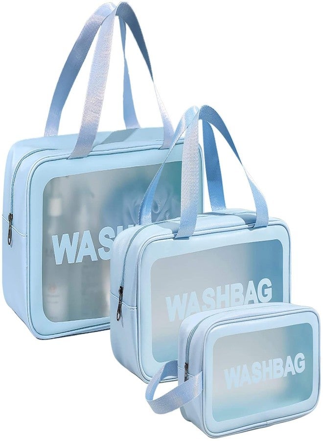 JRM PVC Clear Makeup Pouch Set of 3, Waterproof Cosmetic Organizer Bag for Women & Girls, Transparent Travel Toiletry Storage Kit with Handle (Blue) - Image 1