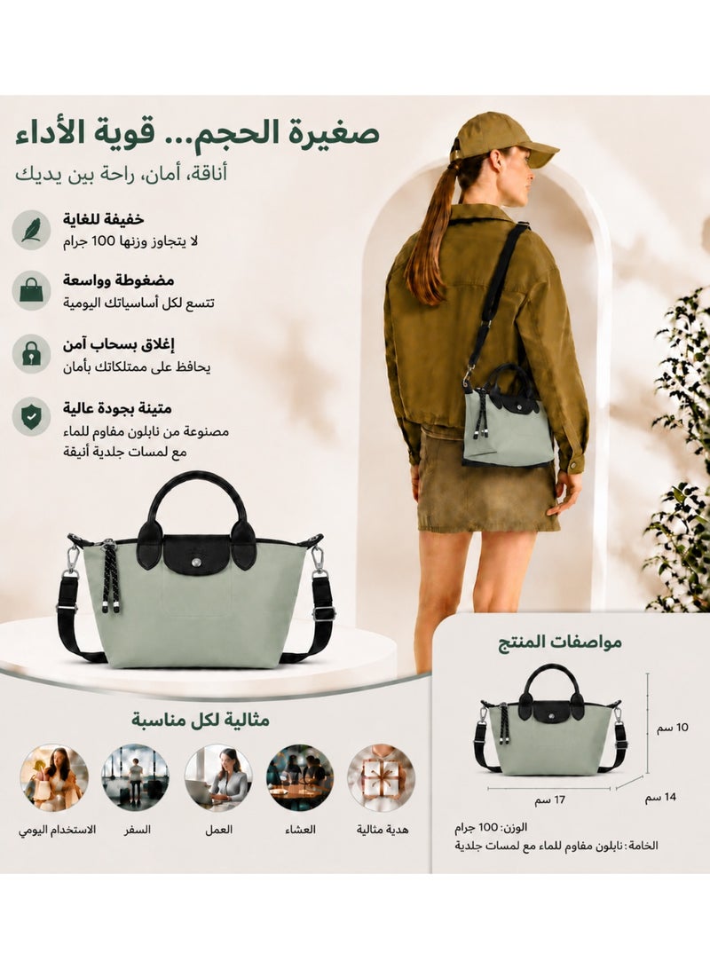 حقيبة يد ميني على شكل زلابية من سلسلة الطاقة مع زخارف جلدية حقيقية، لون أخضر ناعم وأسود - Image 2