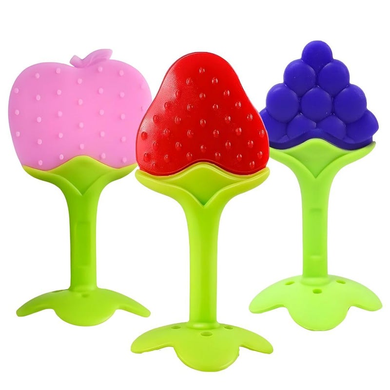BTfash Baby Tree and Fruits Shape Teether Teething | Natural Organic Freezer Safe for Newborn Infant, Babies | Silicone BPA Free | Gum Pain Relief 3D Soother Set (Pack of 3) - Image 1