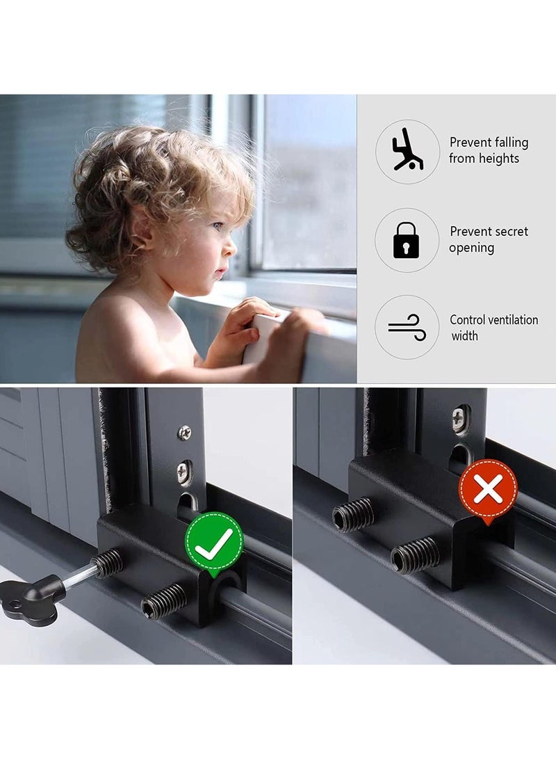 فلوشرينيك أقفال النوافذ، 4 مجموعات من أقفال النوافذ المنزلقة مع مفتاح سهل التركيب، للأبواب والنوافذ المنزلقة الرأسية والأفقية، قفل نافذة أمان قابل للتعديل للفناء وغرفة النوم والمنزل والمكتب (أسود) - Image 4