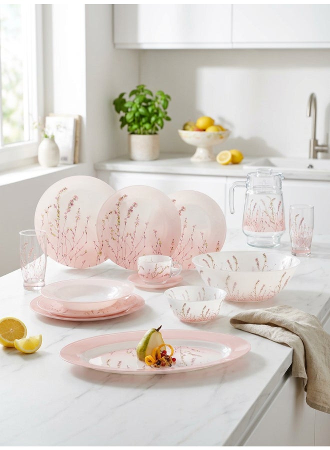 Luminarc Simple Trompette 46 Piece Dinner Set includes 6 x 26cm Dinner Plates, 6 x 20cm Soup Plates, 6 x 20.5cm Dessert Plates, 6 x 12cm Bowls, 1x 27cm Salad Bowl, 1 x 33cm Oval Platter,   6x 22cl Cup, 6 x 14cm Saucer, 6 x 27cl Tumbler, 1.6L Jug with Lid, Tempered High Qualtiy Glass, Chip resistant, Microwave Safe - Image 2