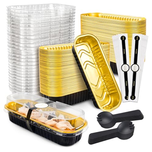 NPLUX 100 Pack Mini Cake Pans with Lids and Spoons Black Gold Rectangular Aluminum Foil Baking Pans Mini Cheesecake Containers68oz - Image 1